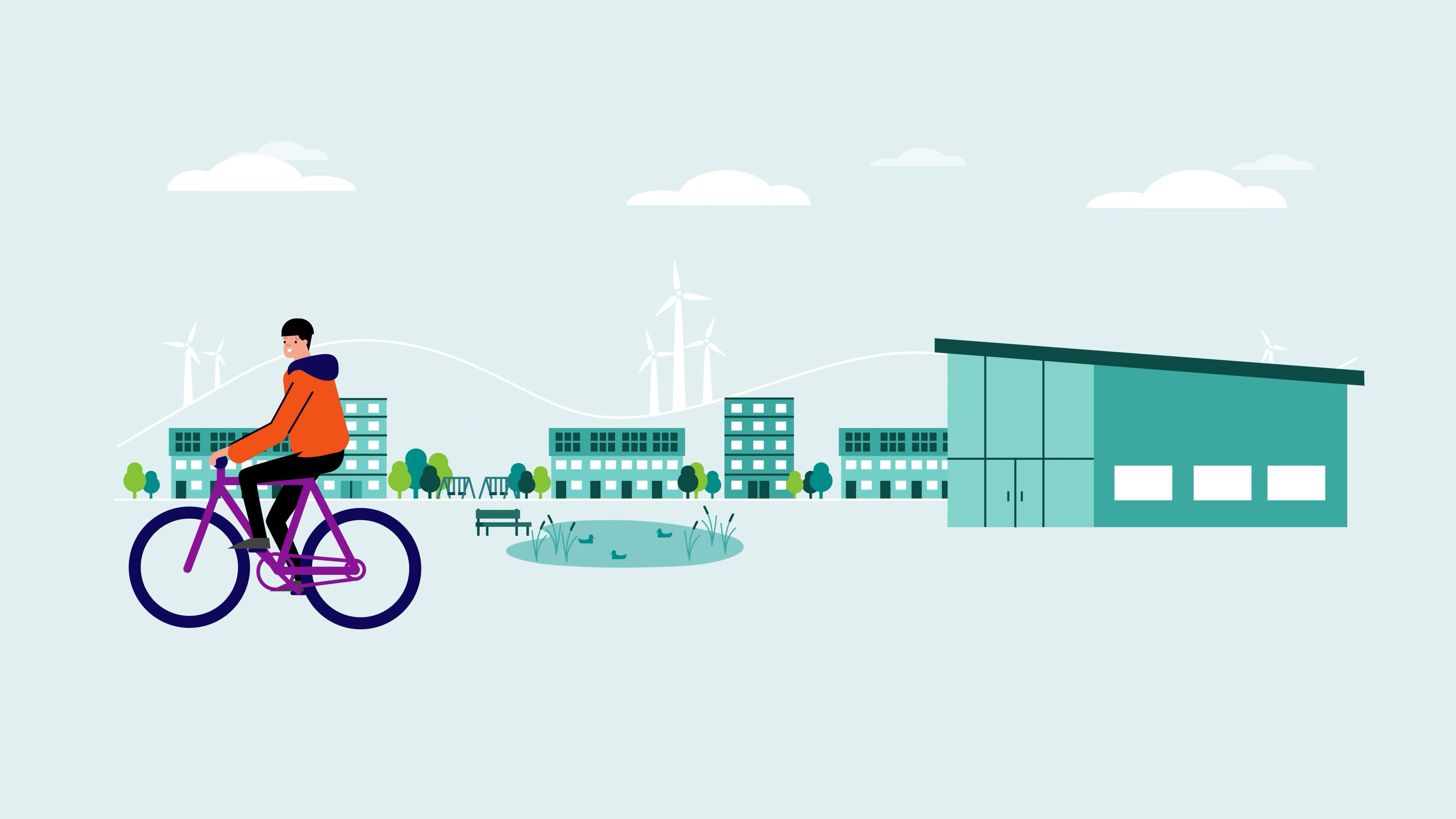 A person cycling in front on many different town like landmarks